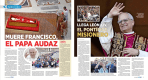 Captura de pantalla de la doble página del Anuario 2025 de EL NORTE: Artículos de Claudia Guerra sobre el fallecimiento del Papa Francisco y la elección de León XIV.