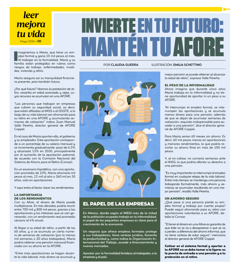 Versión impresa de la nota "Invierte en tu futuro: Mantén tu Afore", publicada en Coppel con ilustración de Emilia Schetino.